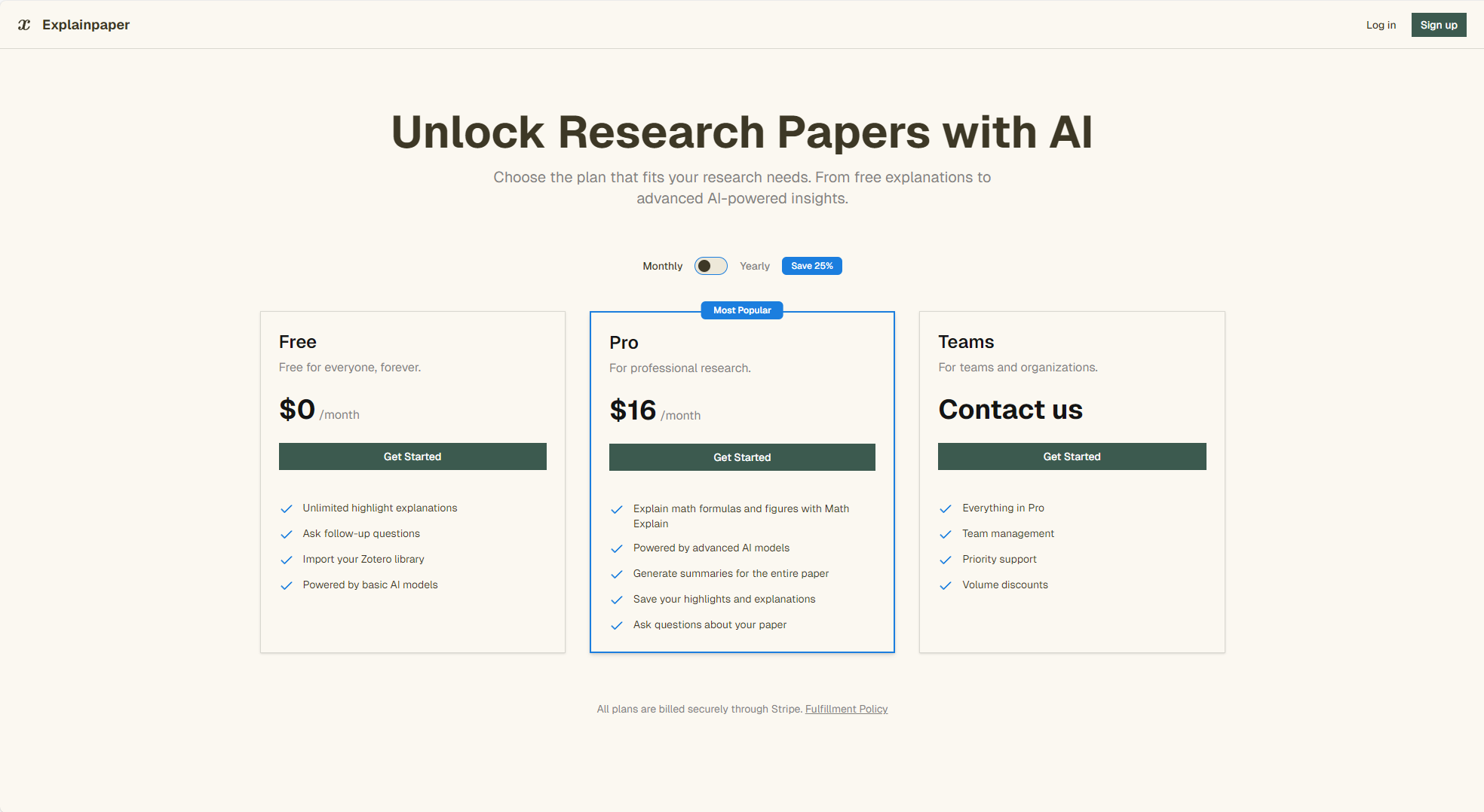 Explainpaper价格方案页