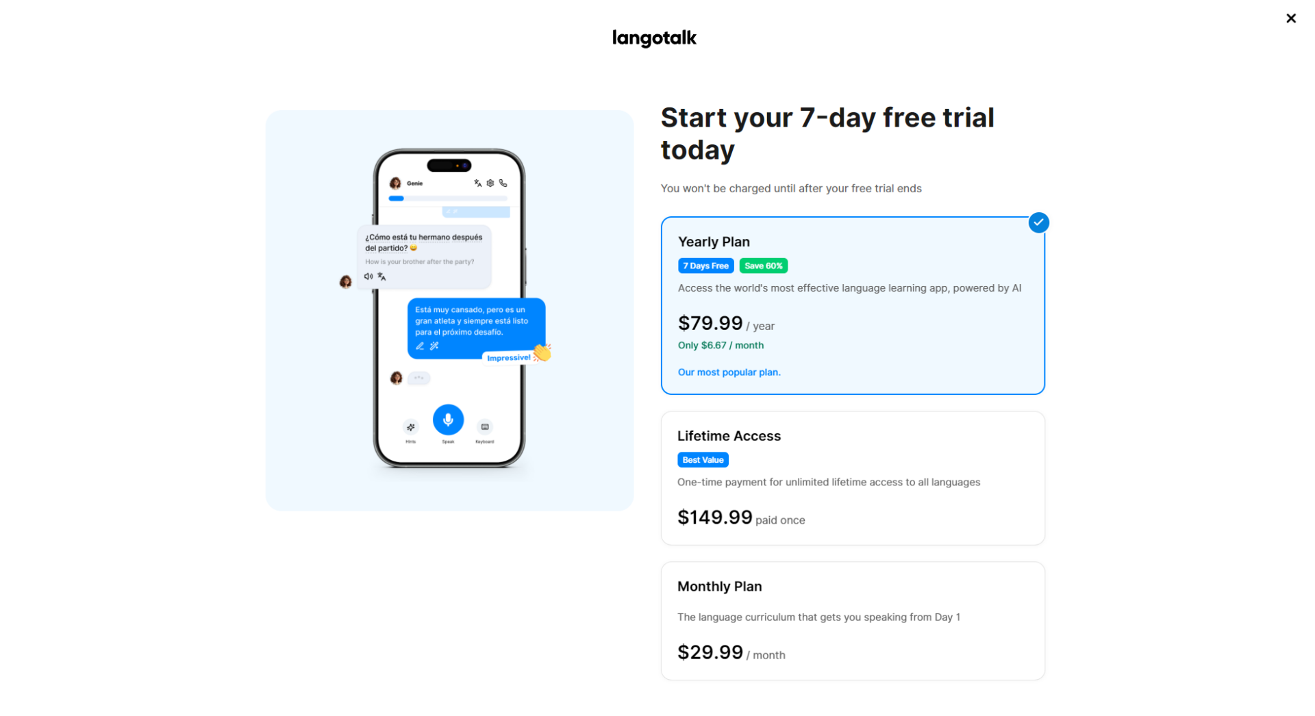 Langotalk价格方案页