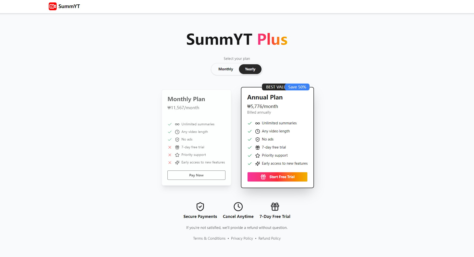 YouTube Summarized价格页