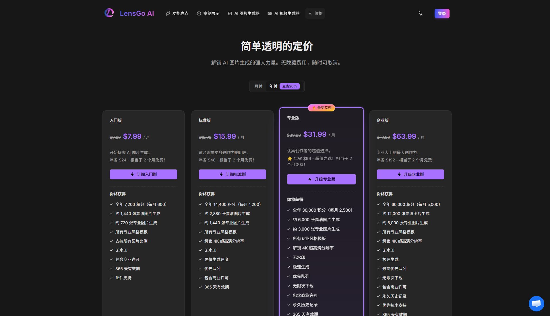 Lensgo定价页
