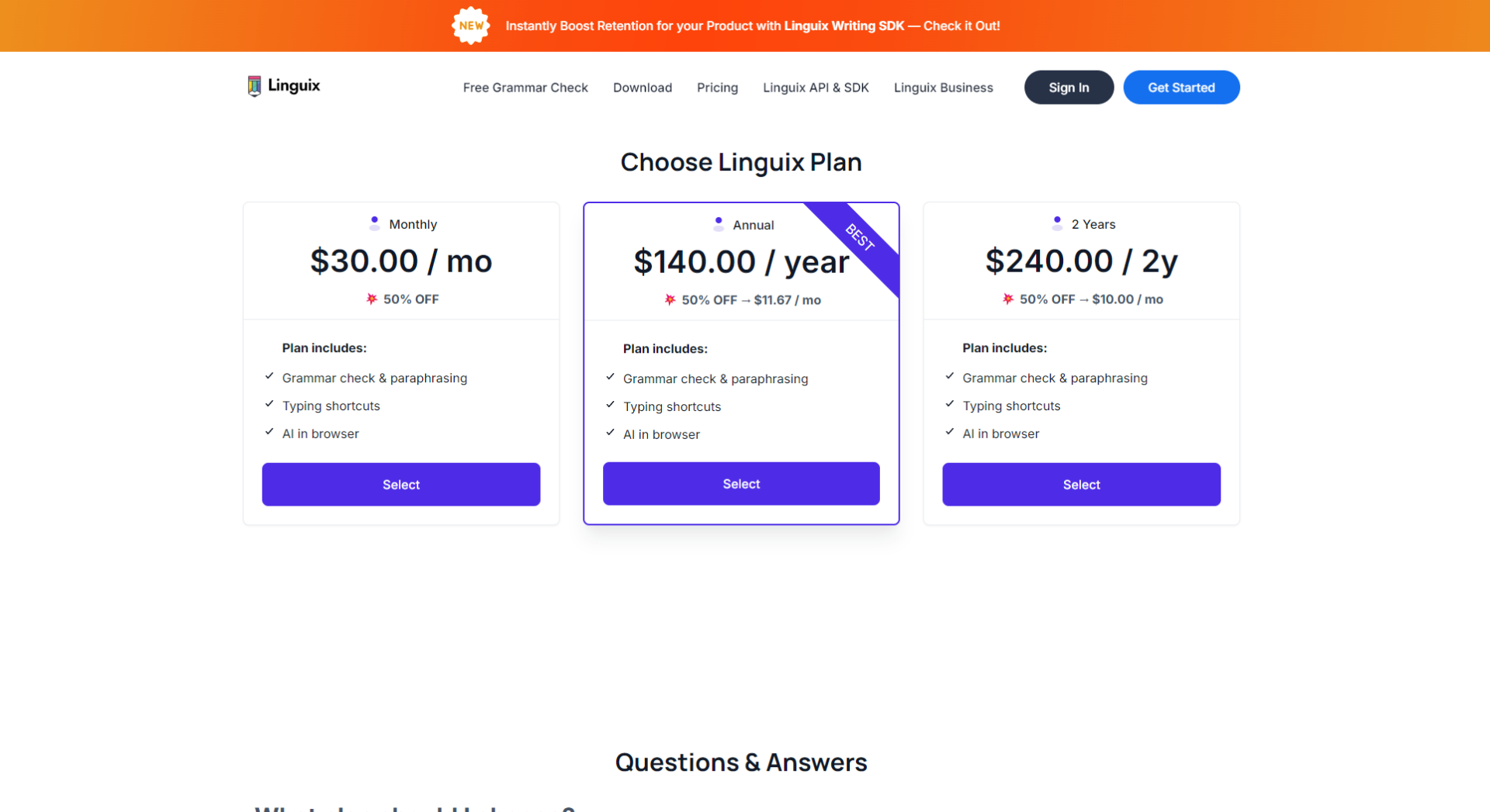 Linguix价格方案页
