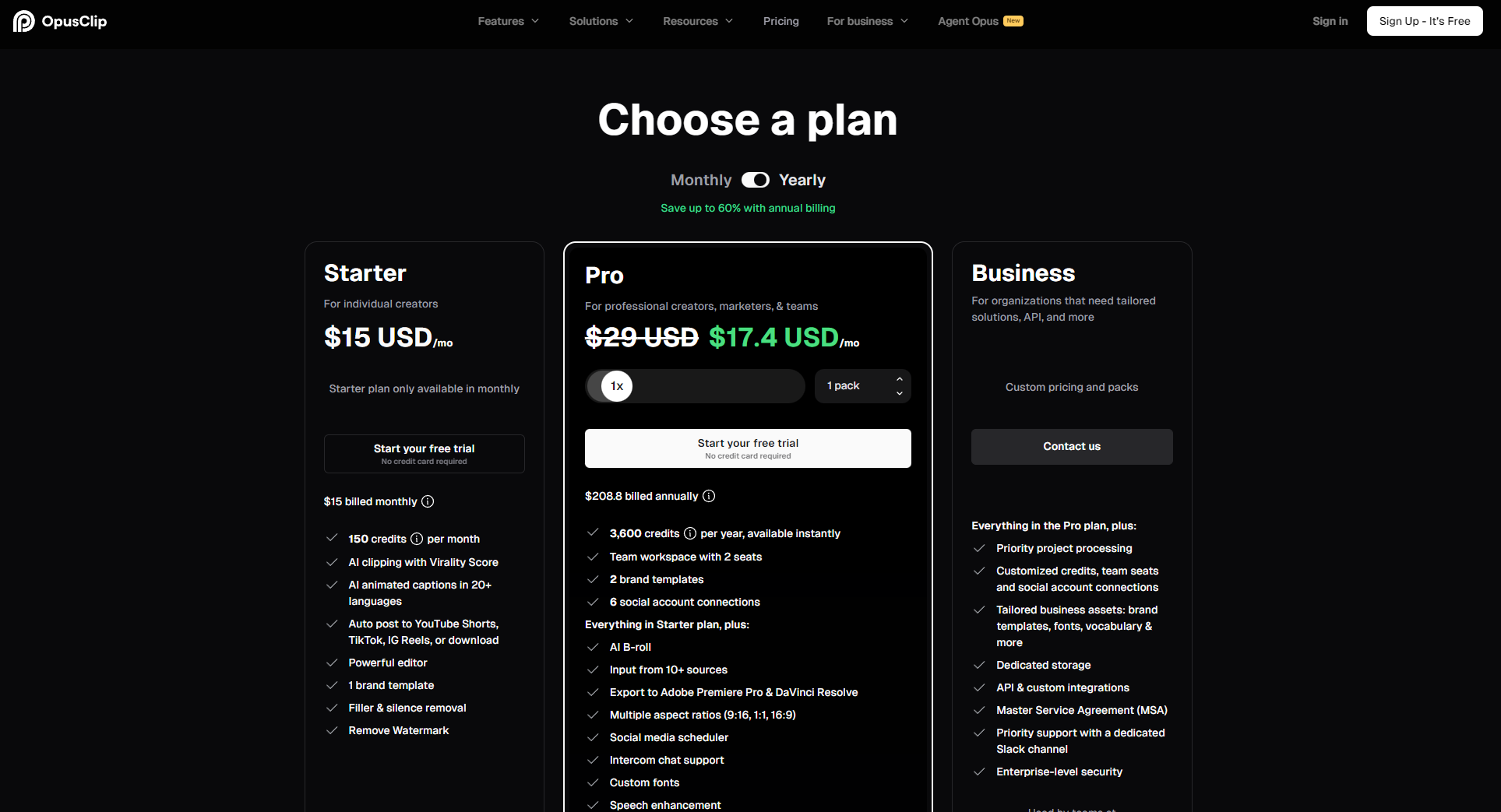 OpusClip定价页面