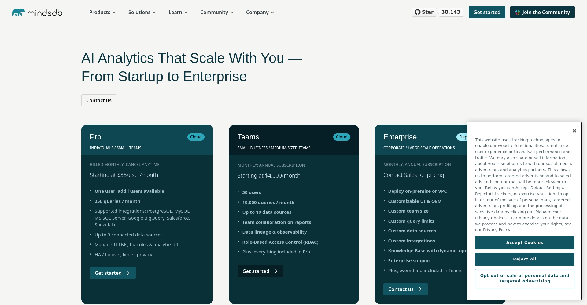 MindsDB价格方案页面