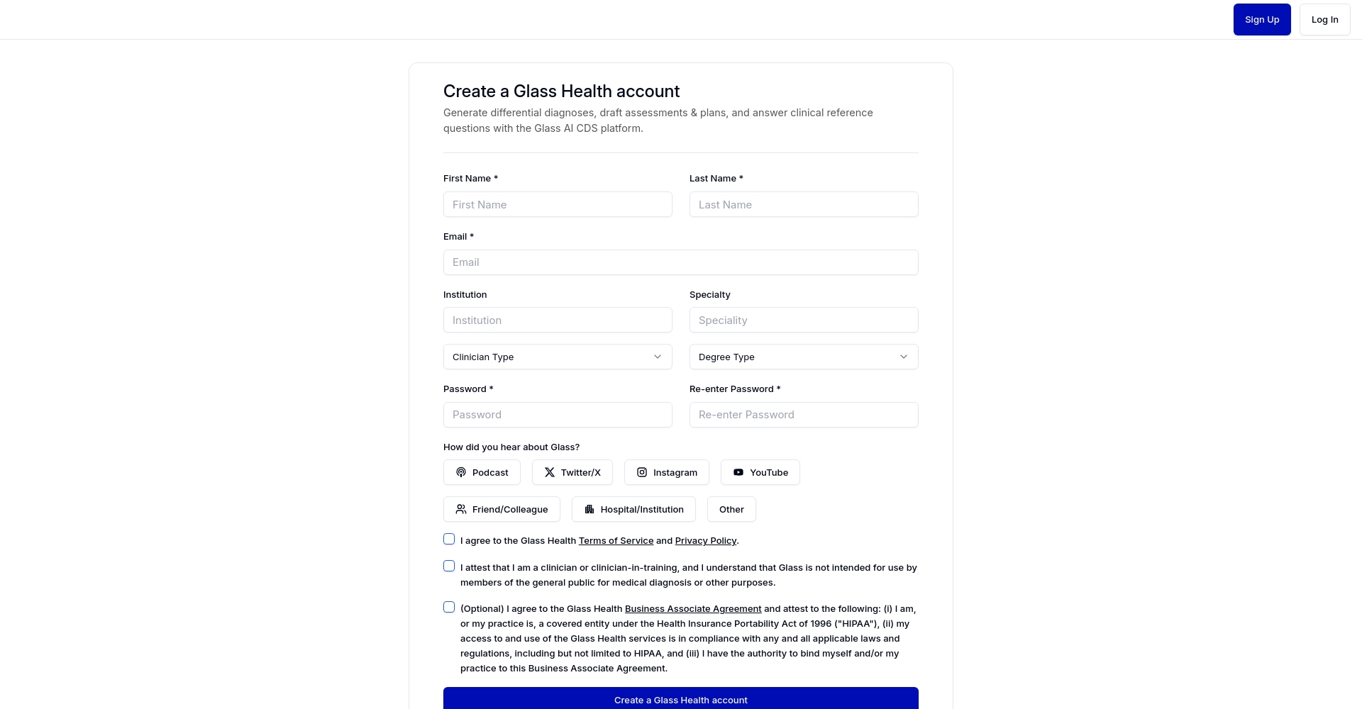 Glass Health价格和注册页面截图