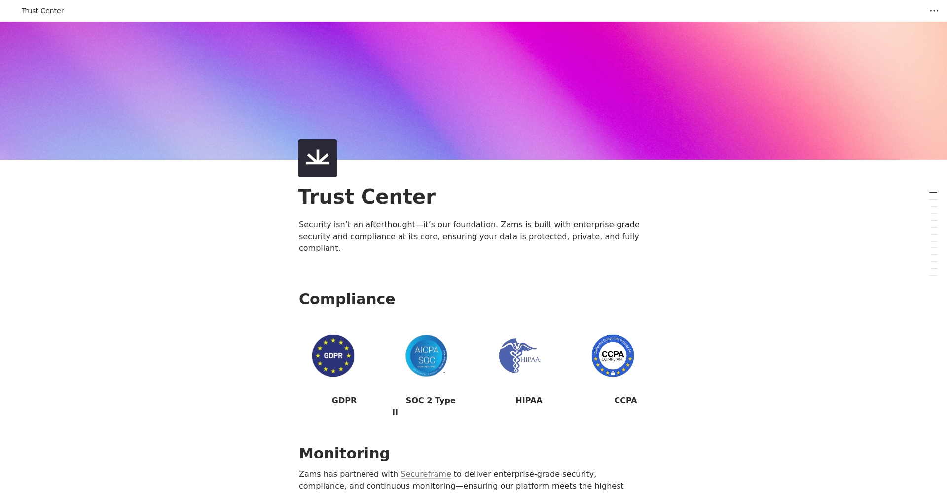 Zams安全合規頁面截圖