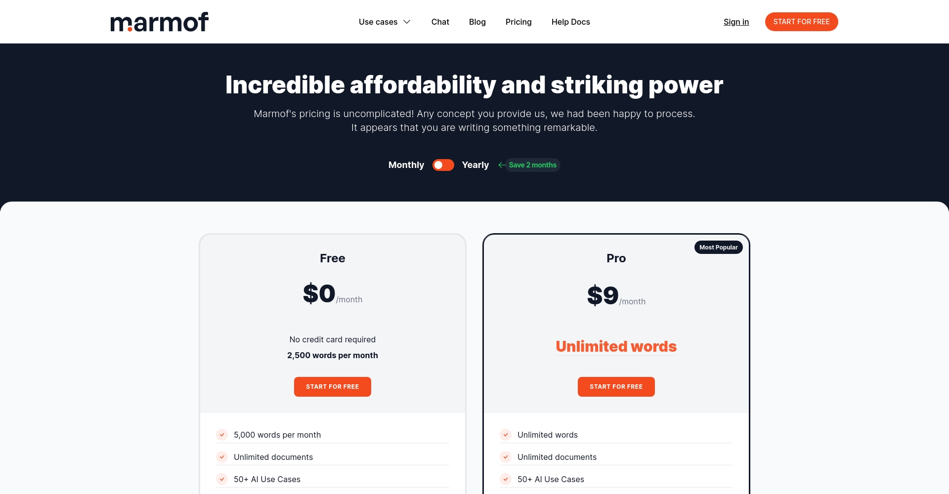 Marmof价格方案页面