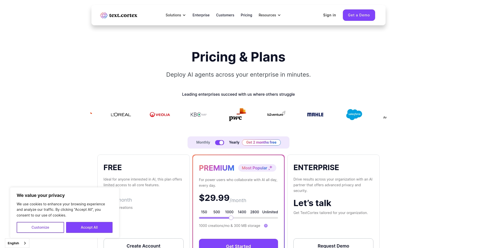 TextCortex定价页面截图