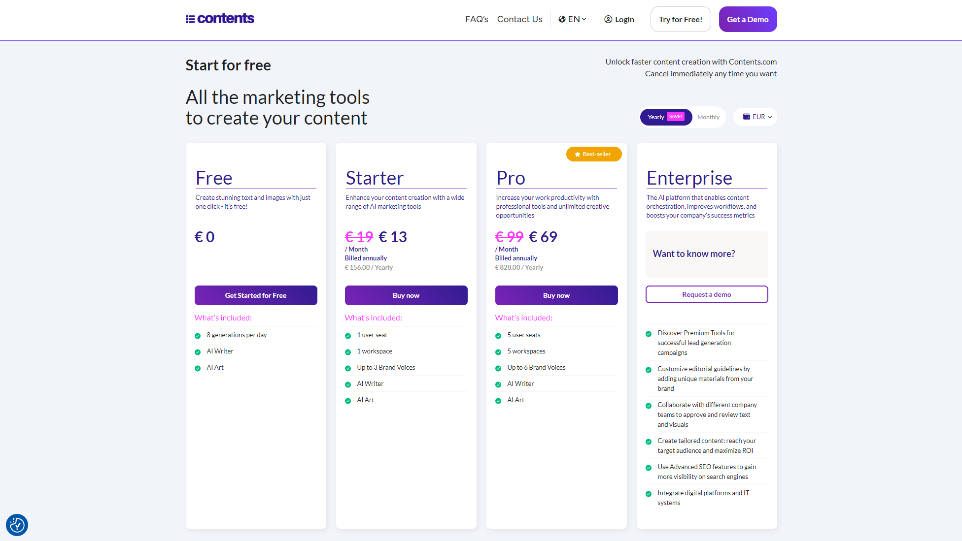 Contents.ai官方价格页面