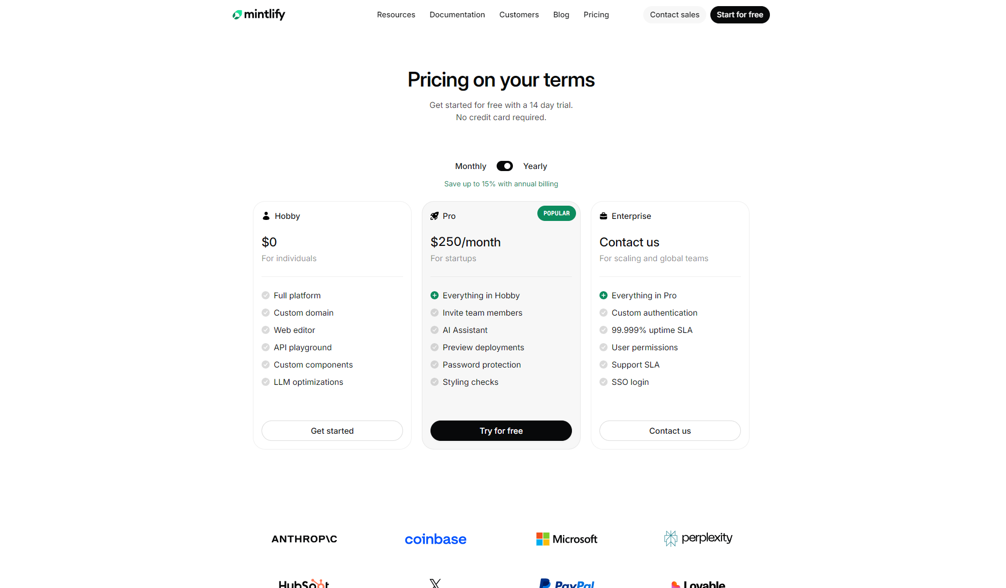 Mintlify官方价格方案提供