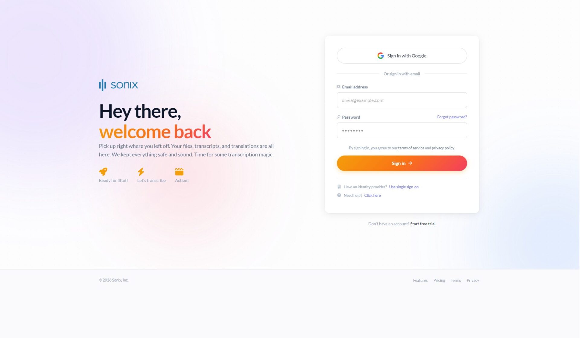 sonix.ai注册登录页