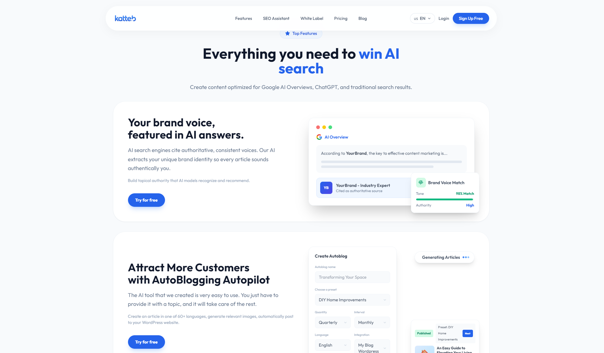 Katteb AI 功能页面截图