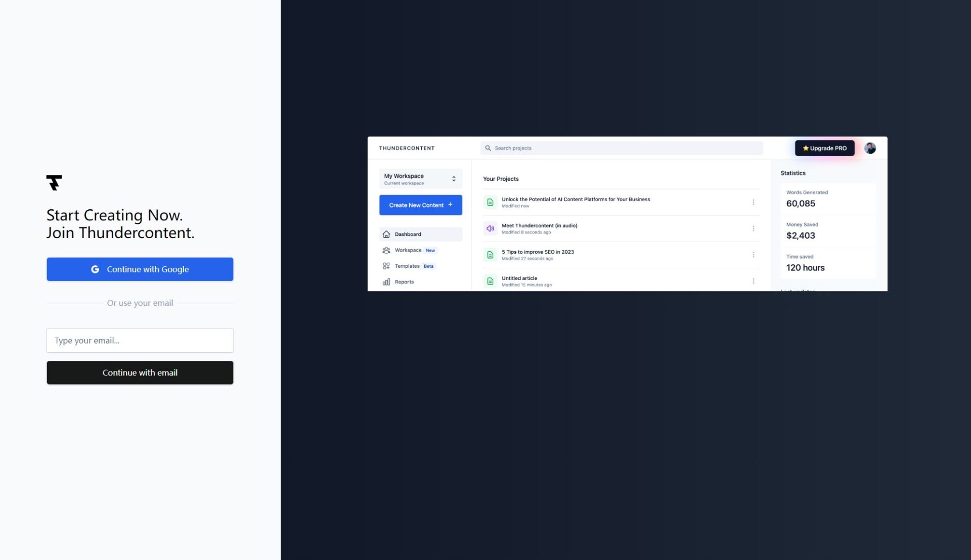 Thundercontent注册登录页