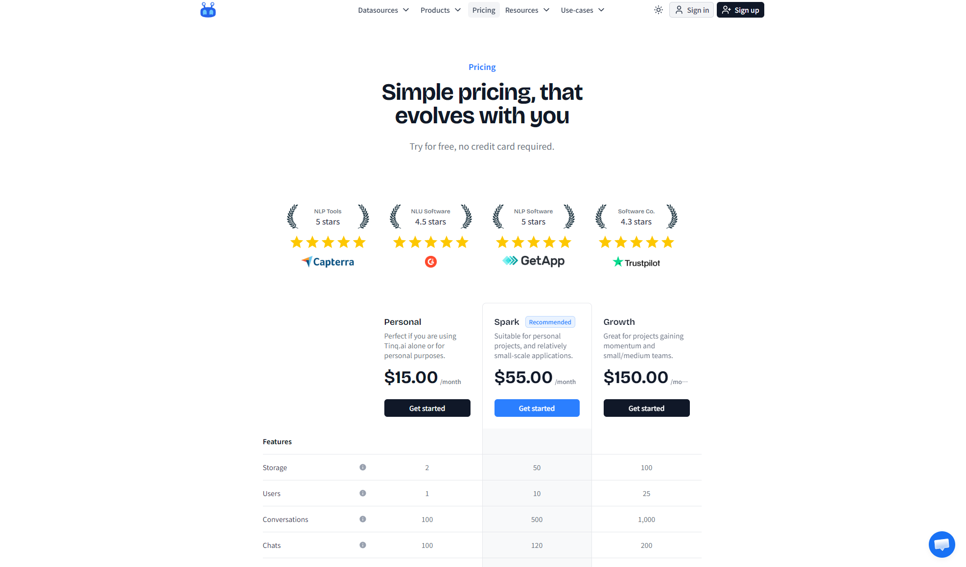 Tinq.ai价格方案页