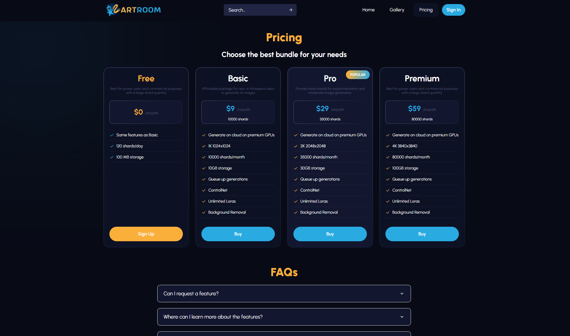 ArtRoom AI定价方案页