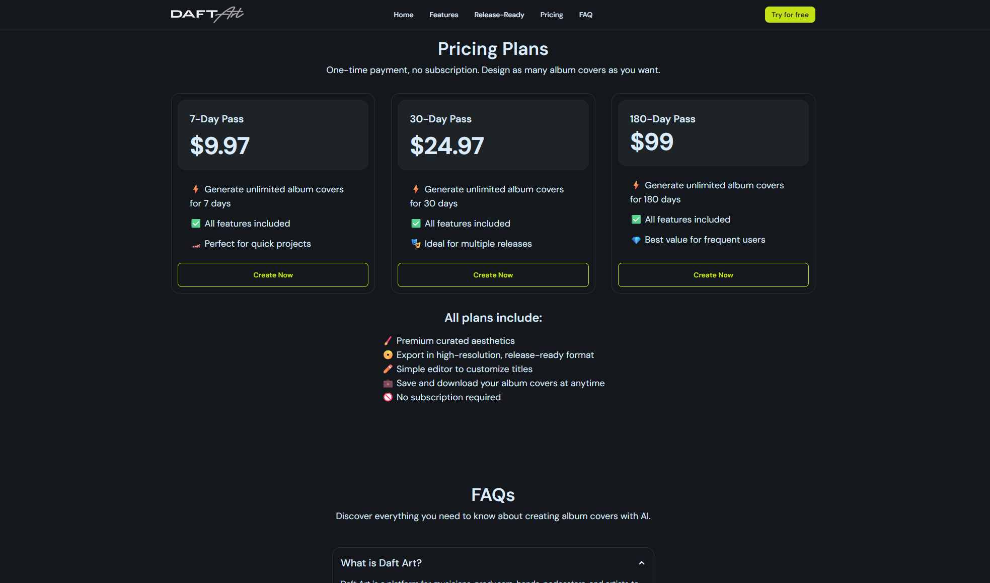 Daft Art价格方案页