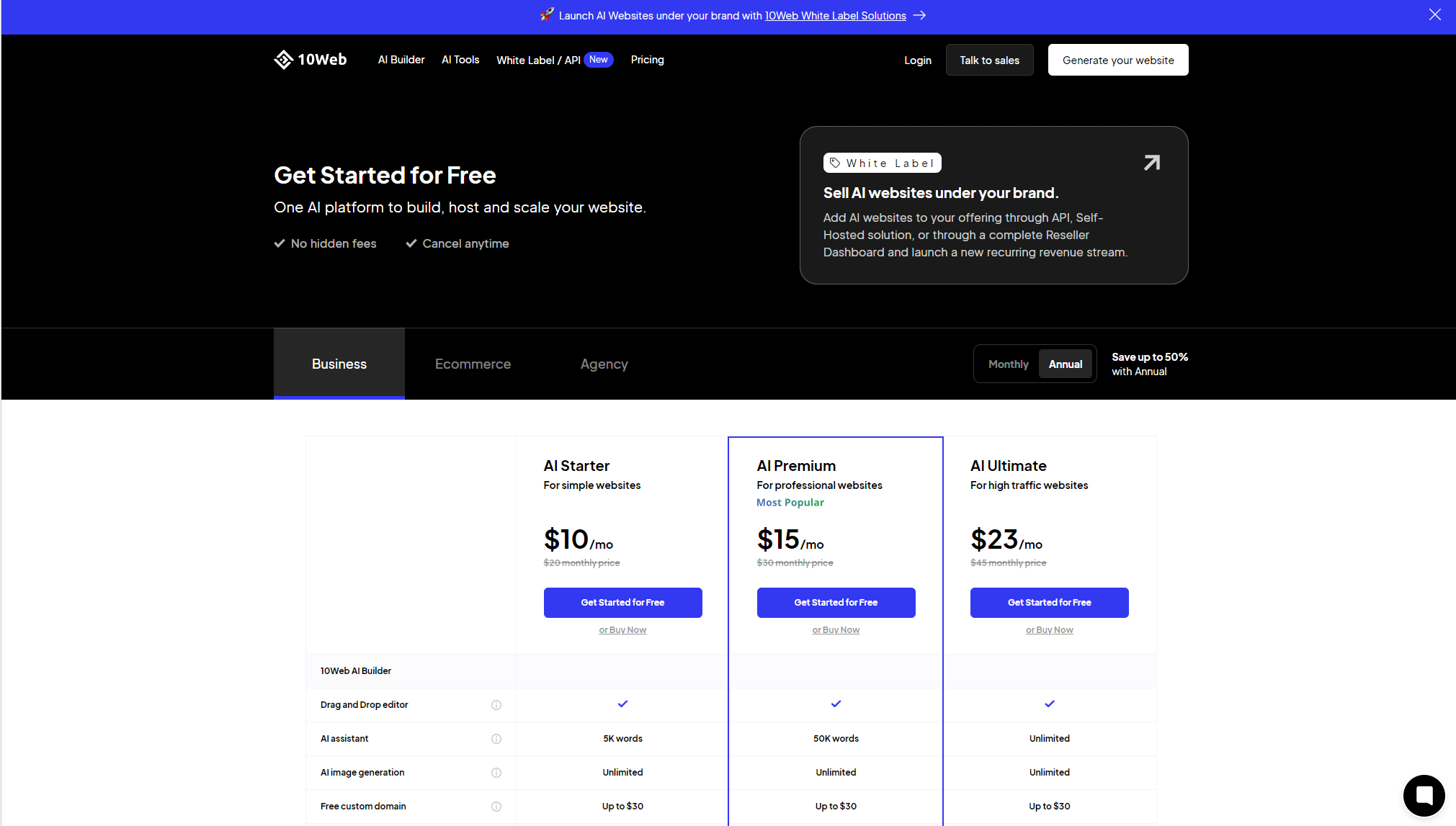 10Web价格方案页