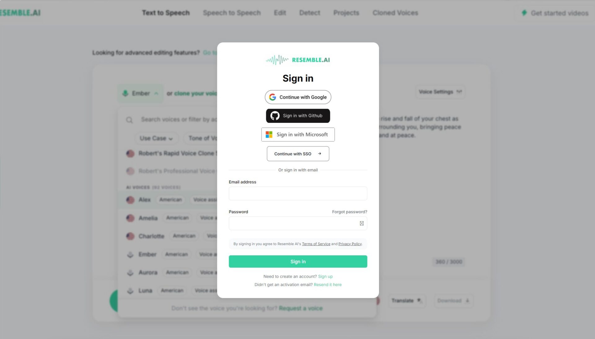 Resemble AI注册登录页