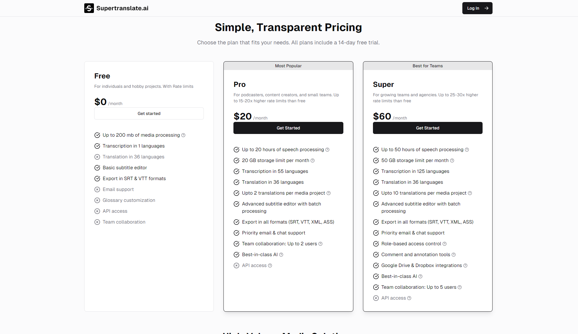 Supertranslate价格与订阅方案页面