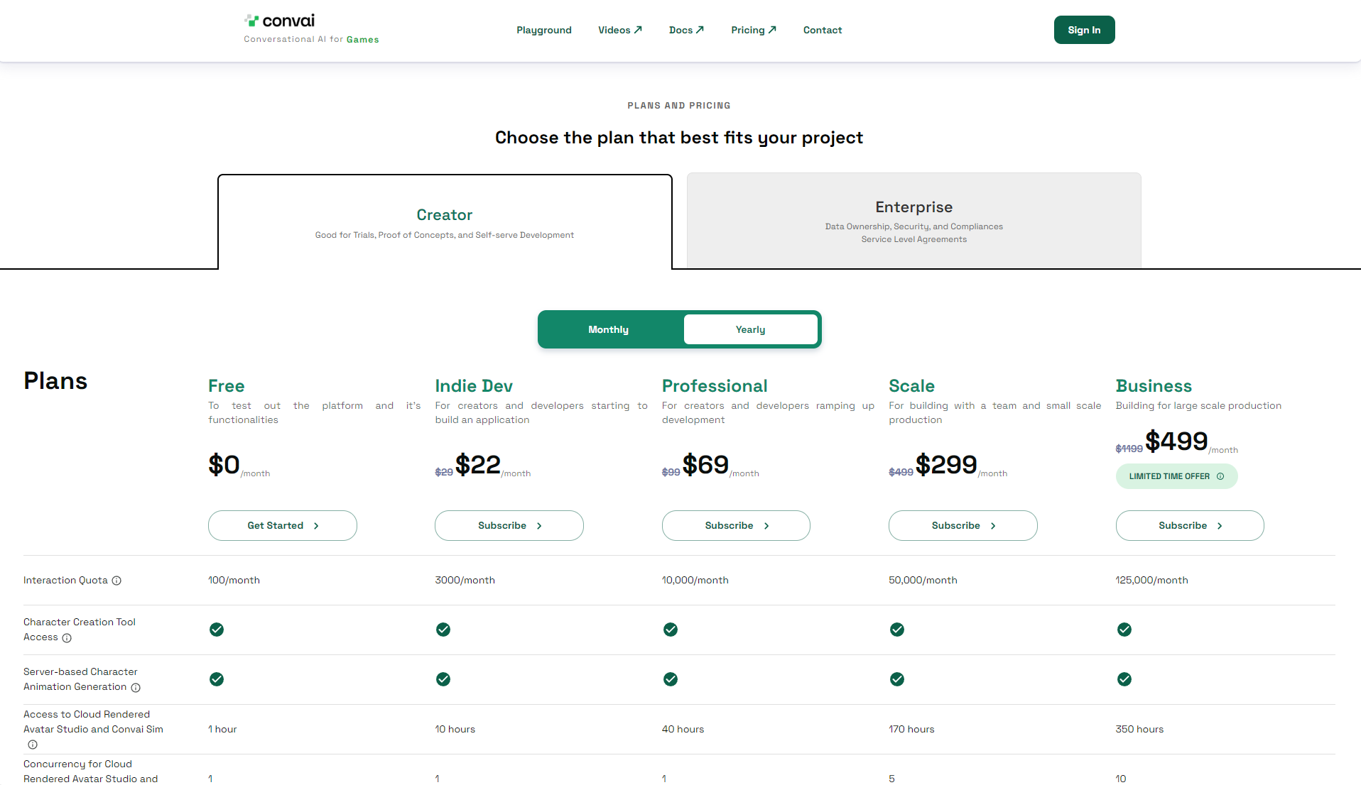 Convai定价页面截图