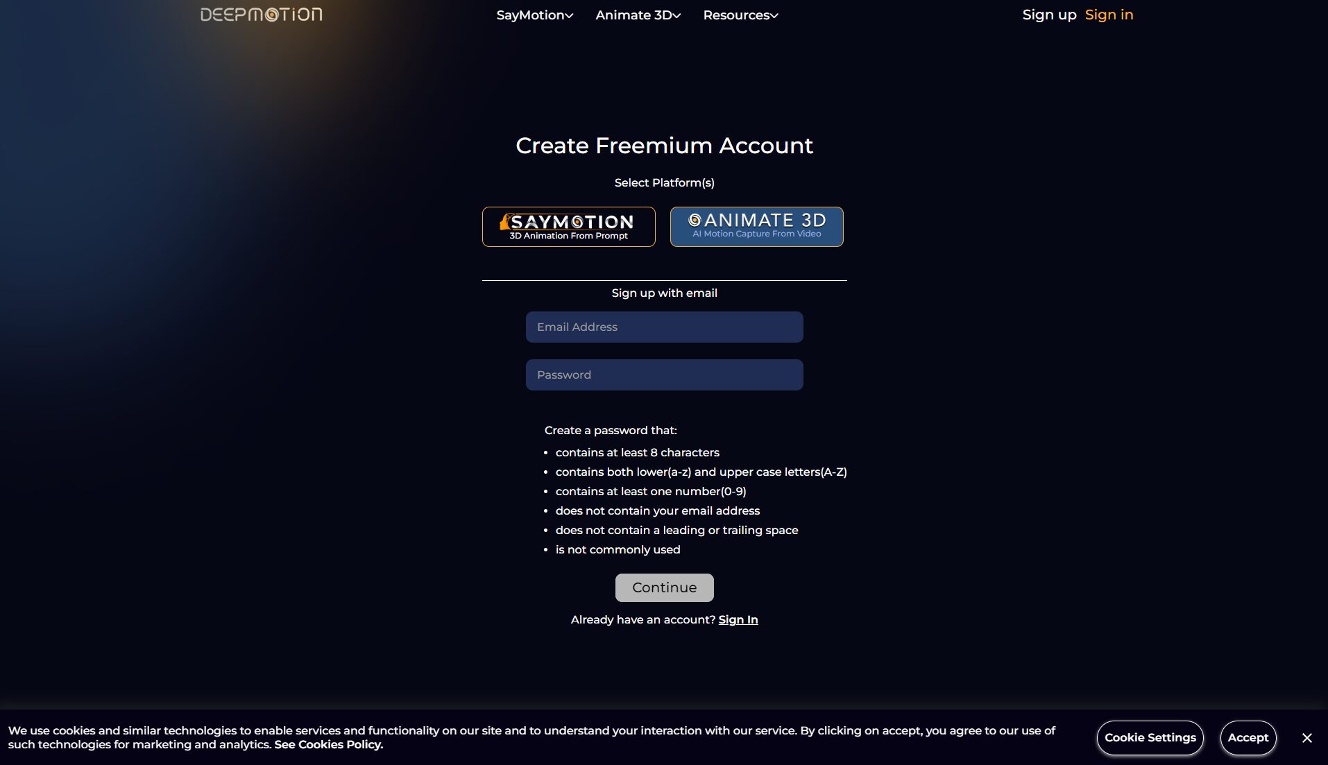 DeepMotion注册登录页