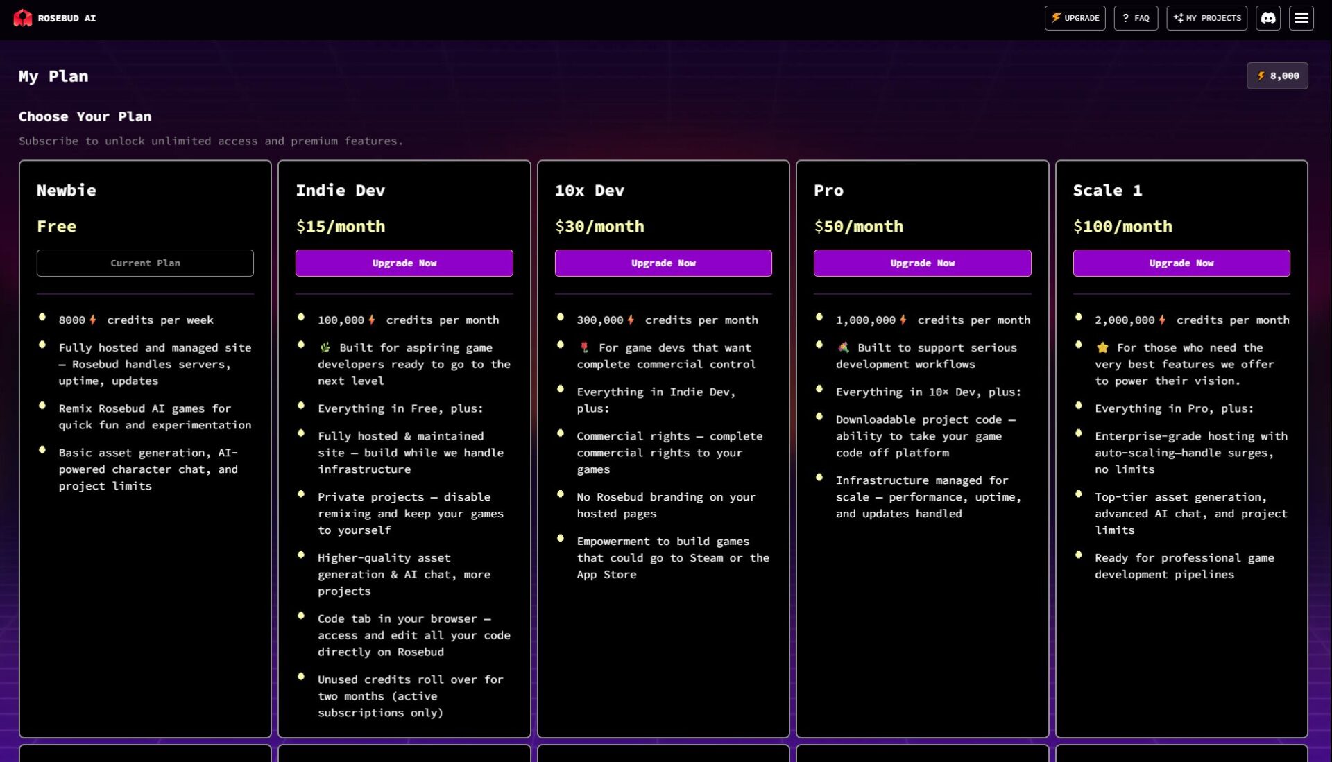 Rosebud AI价格方案页面截图