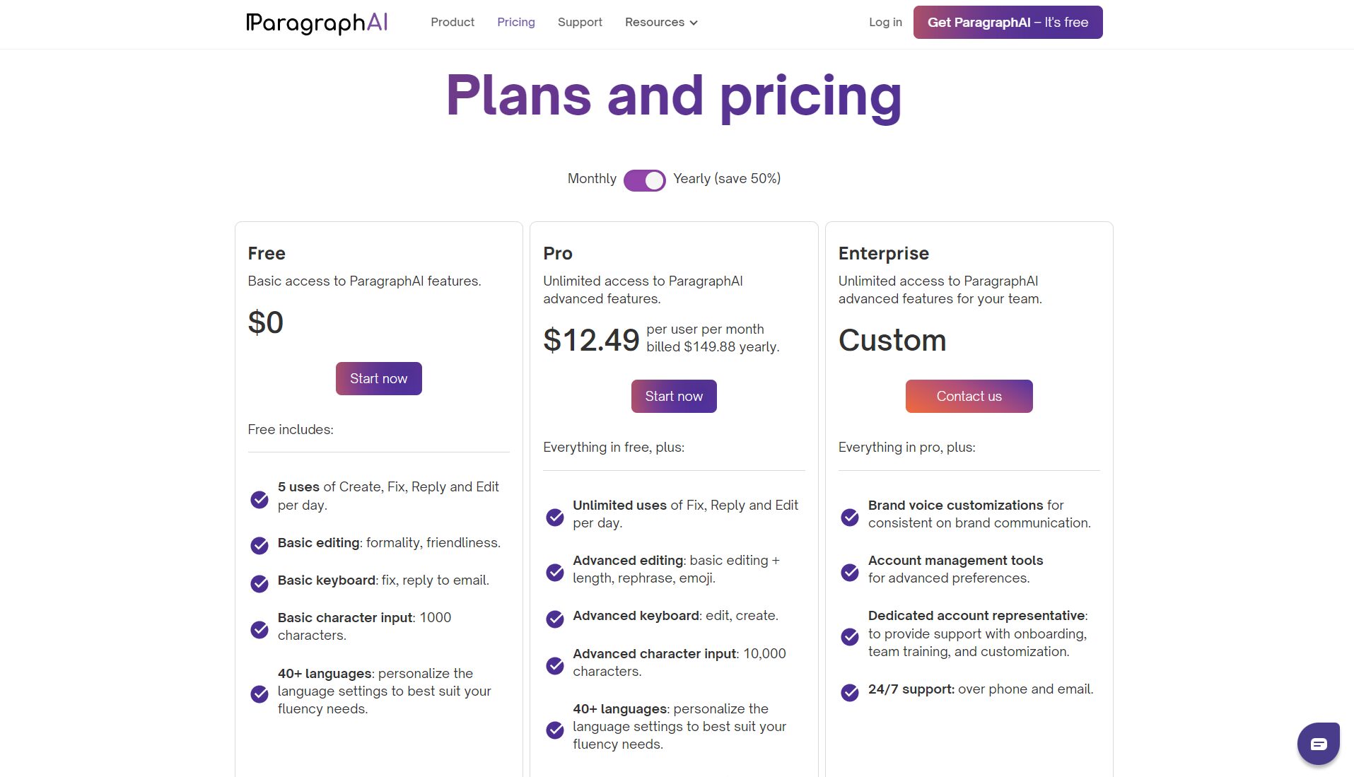 ParagraphAI价格方案页
