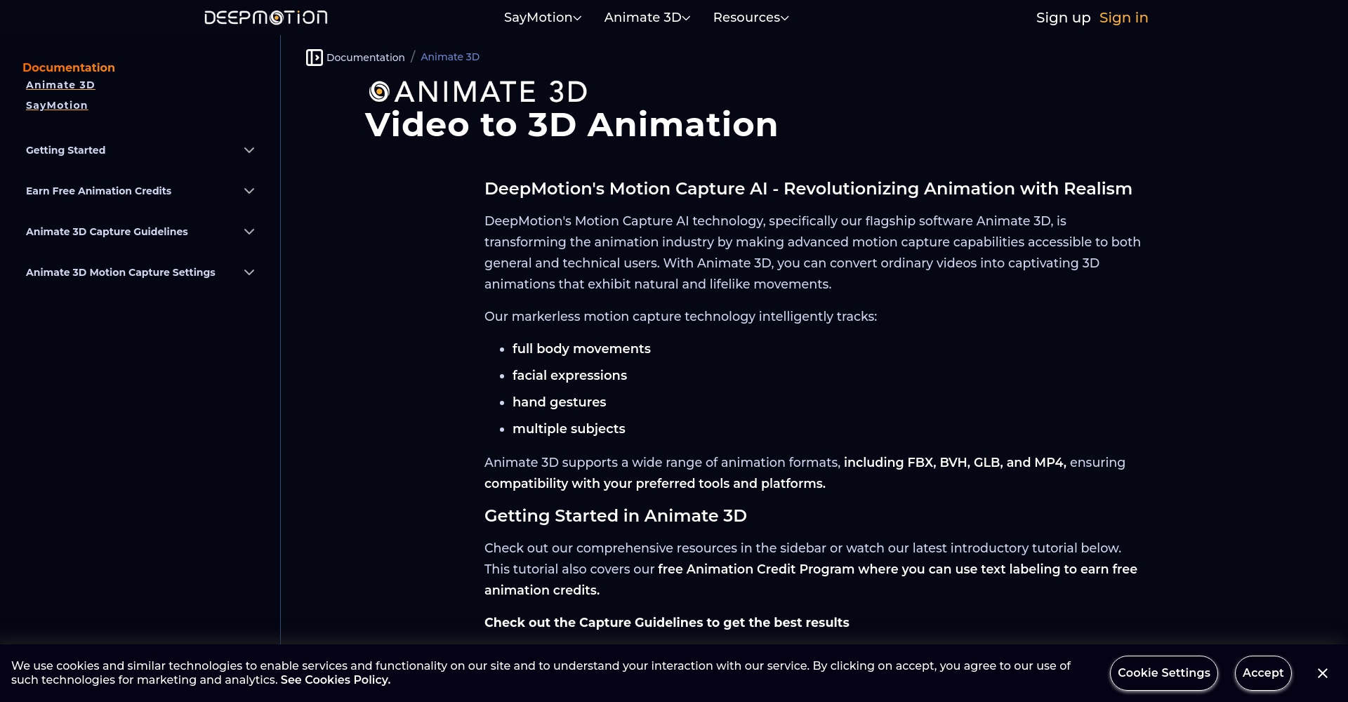 DeepMotion教學文檔頁面截圖