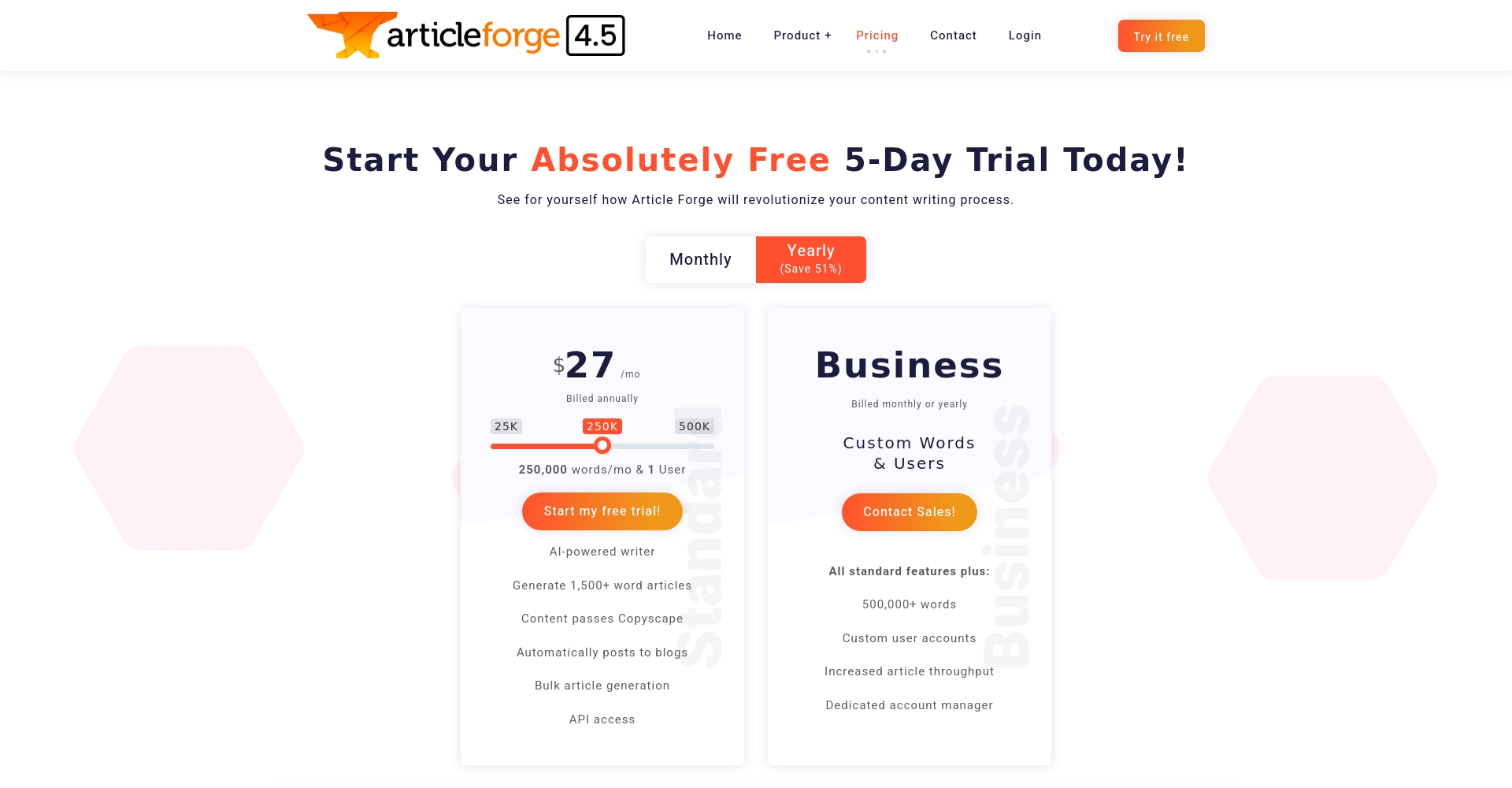 Article Forge价格方案页