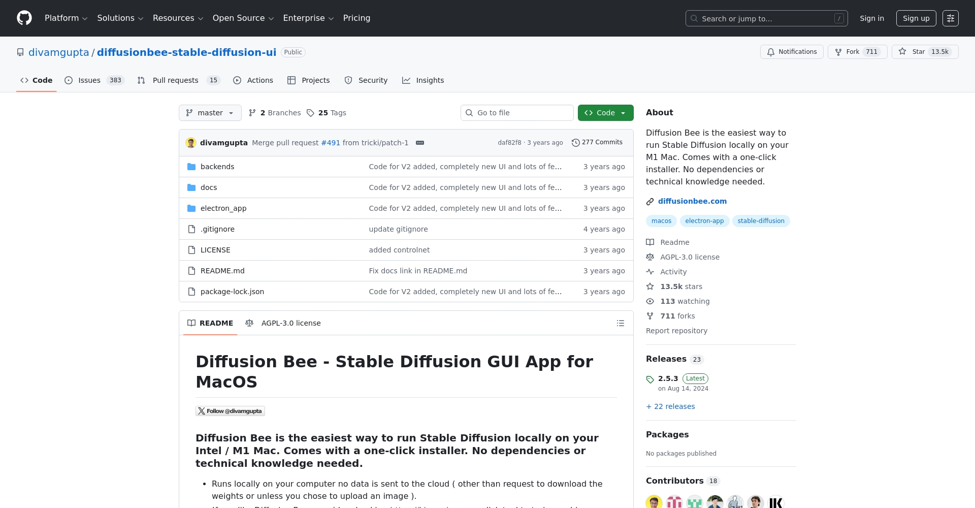 DiffusionBee GitHub界面