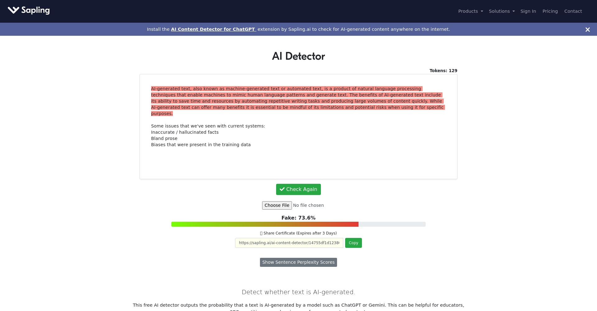 Sapling AI Detector界面