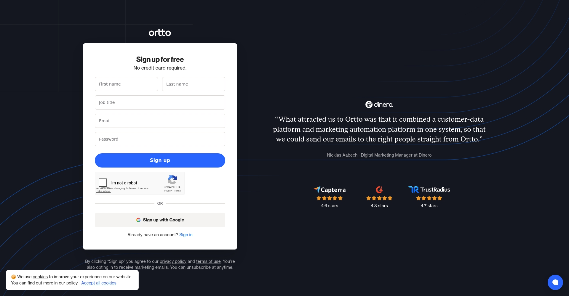 Ortto免费试用页面截图