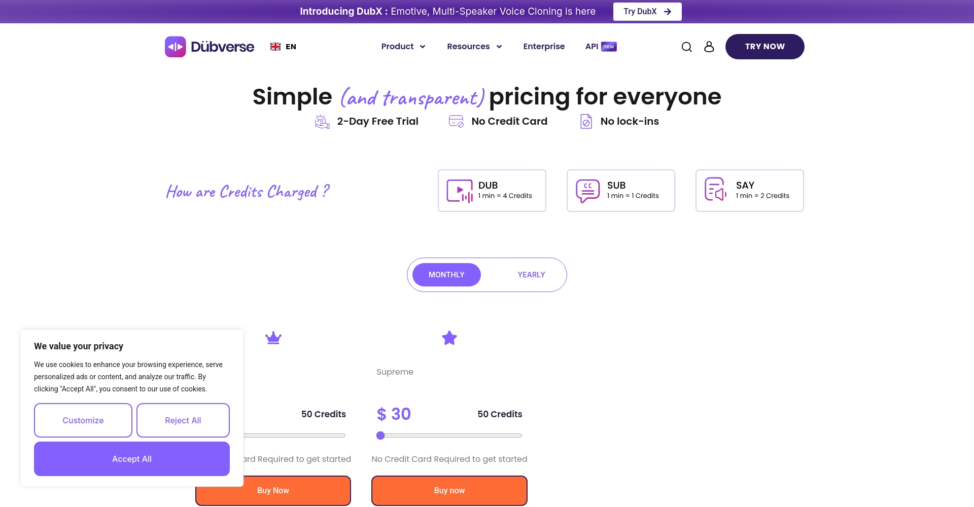 Dubverse.ai 价格页