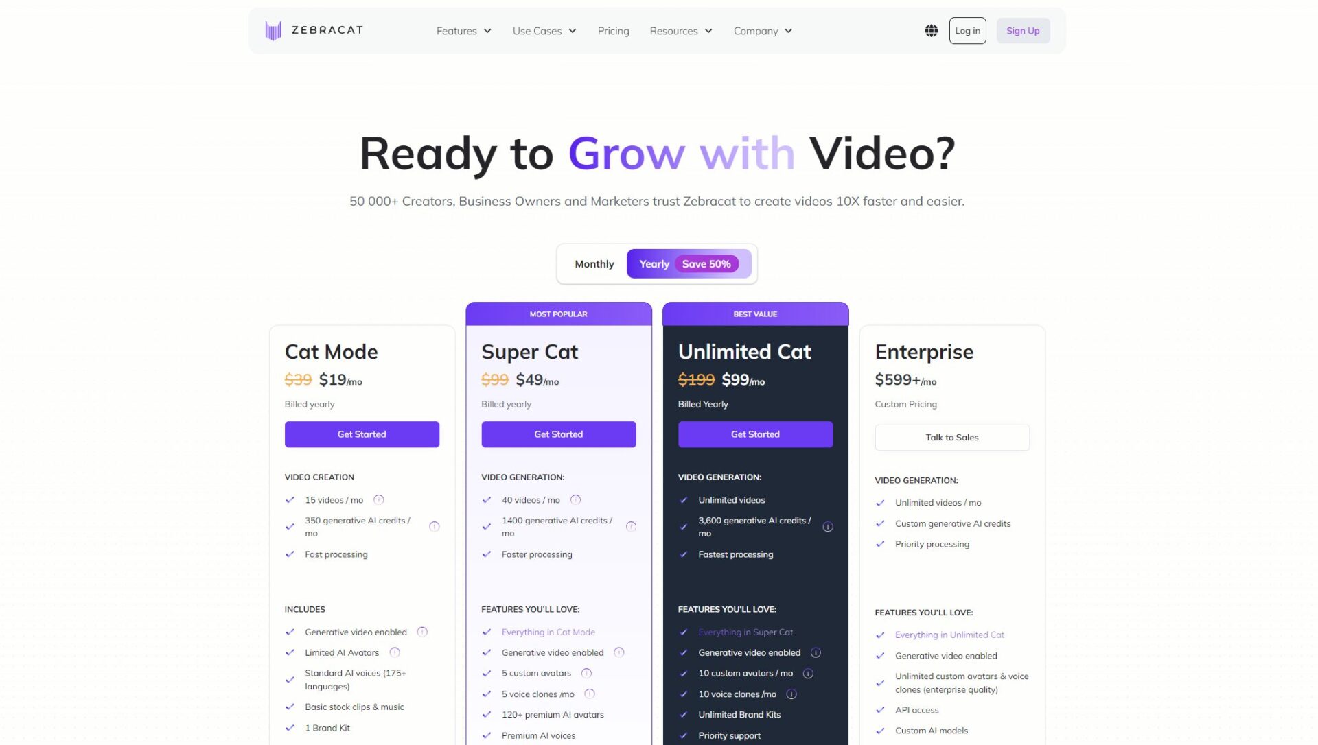 Zebracat官网定价页