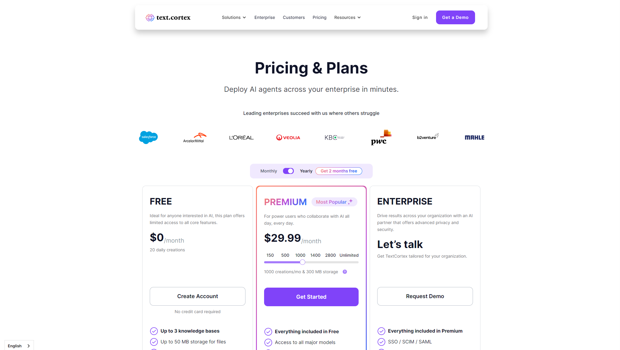 textcortex ai价格方案页
