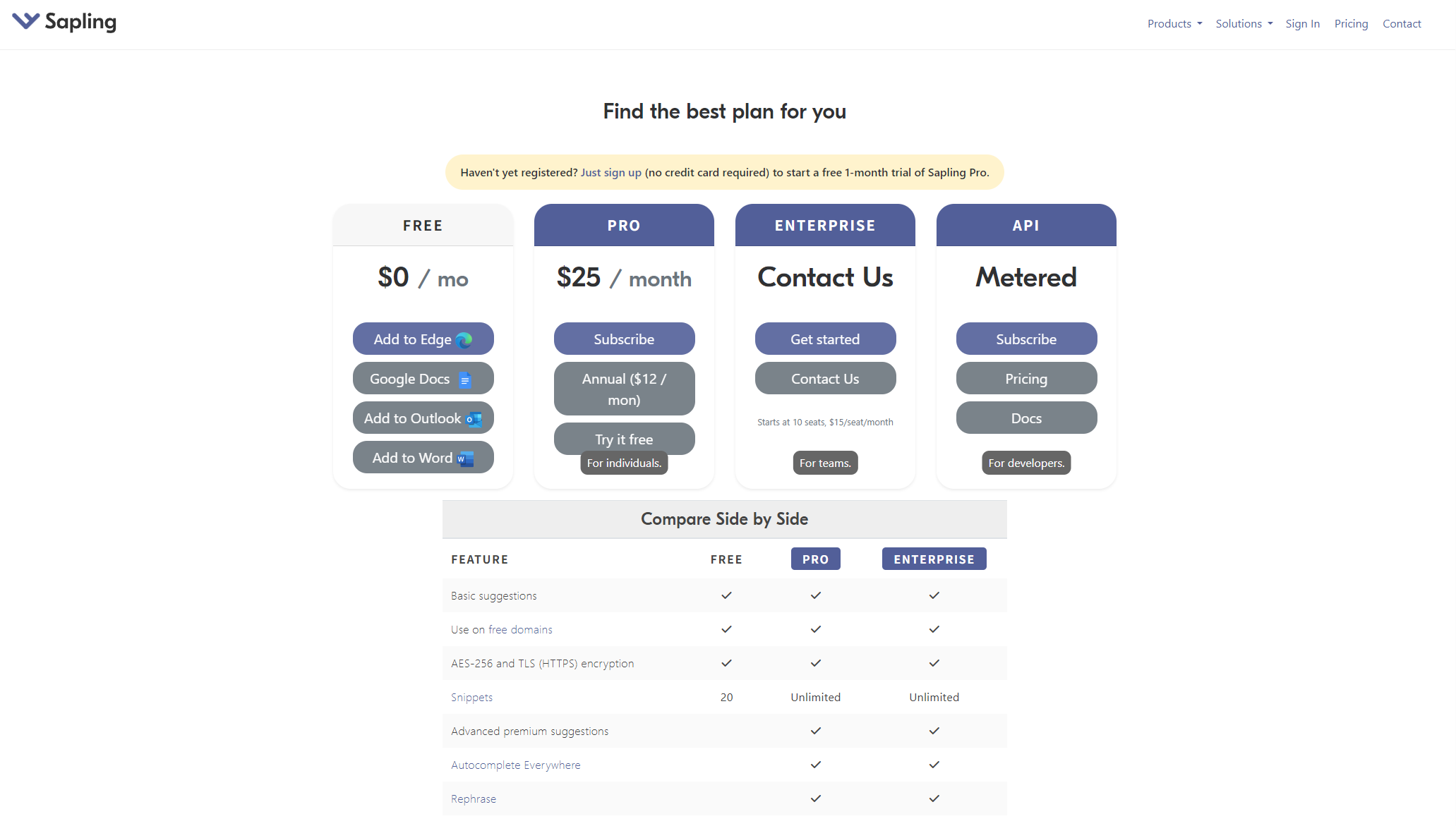 Sapling AI Detector价格方案页