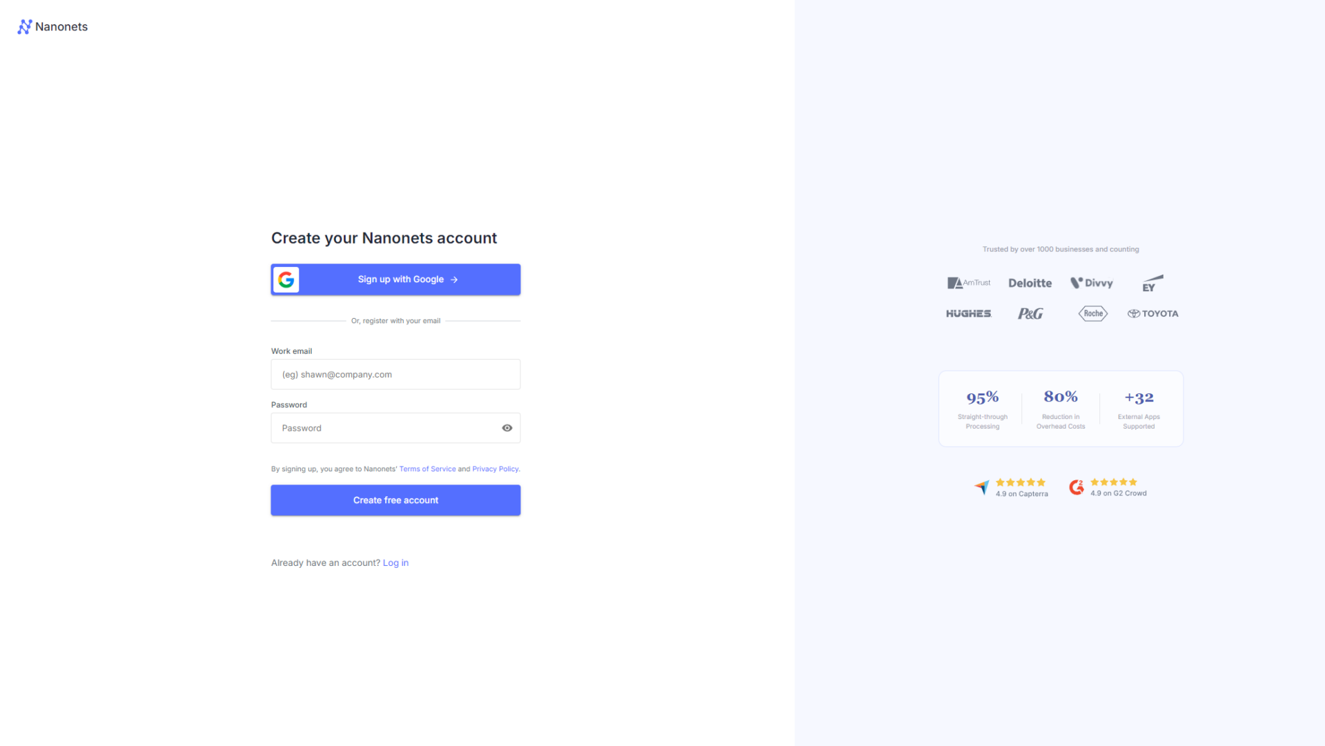 Nanonets注册登录页