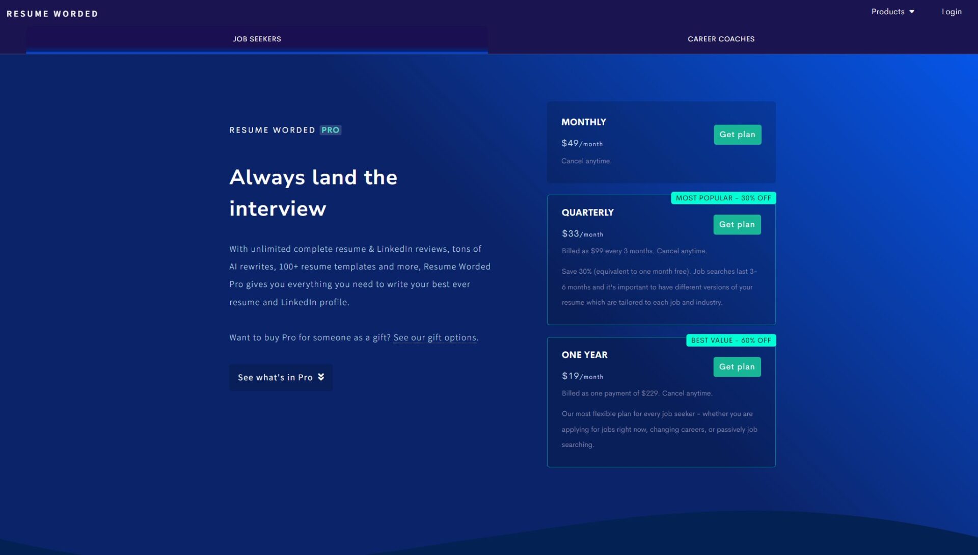 Resume Worded价格方案页