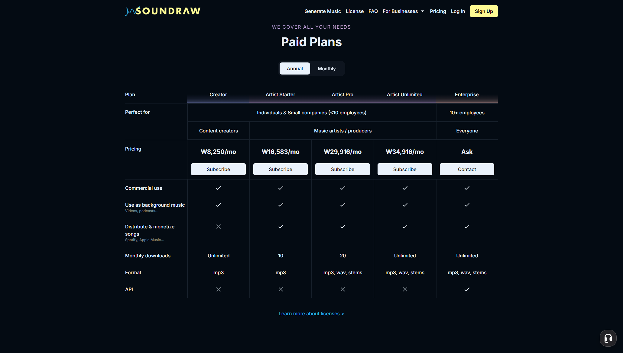 Soundraw AI价格方案页