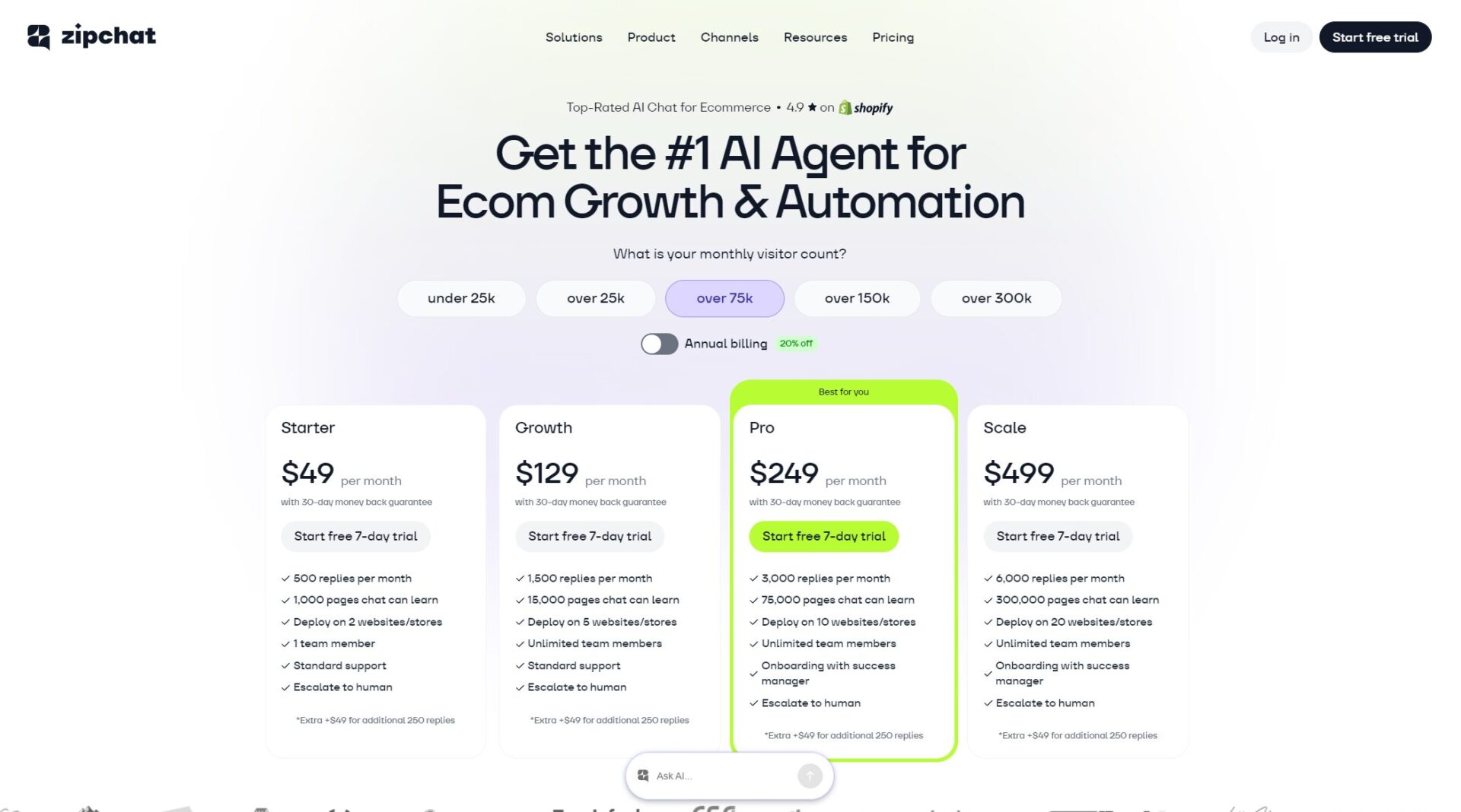 Zipchat AI定价方案页面截图