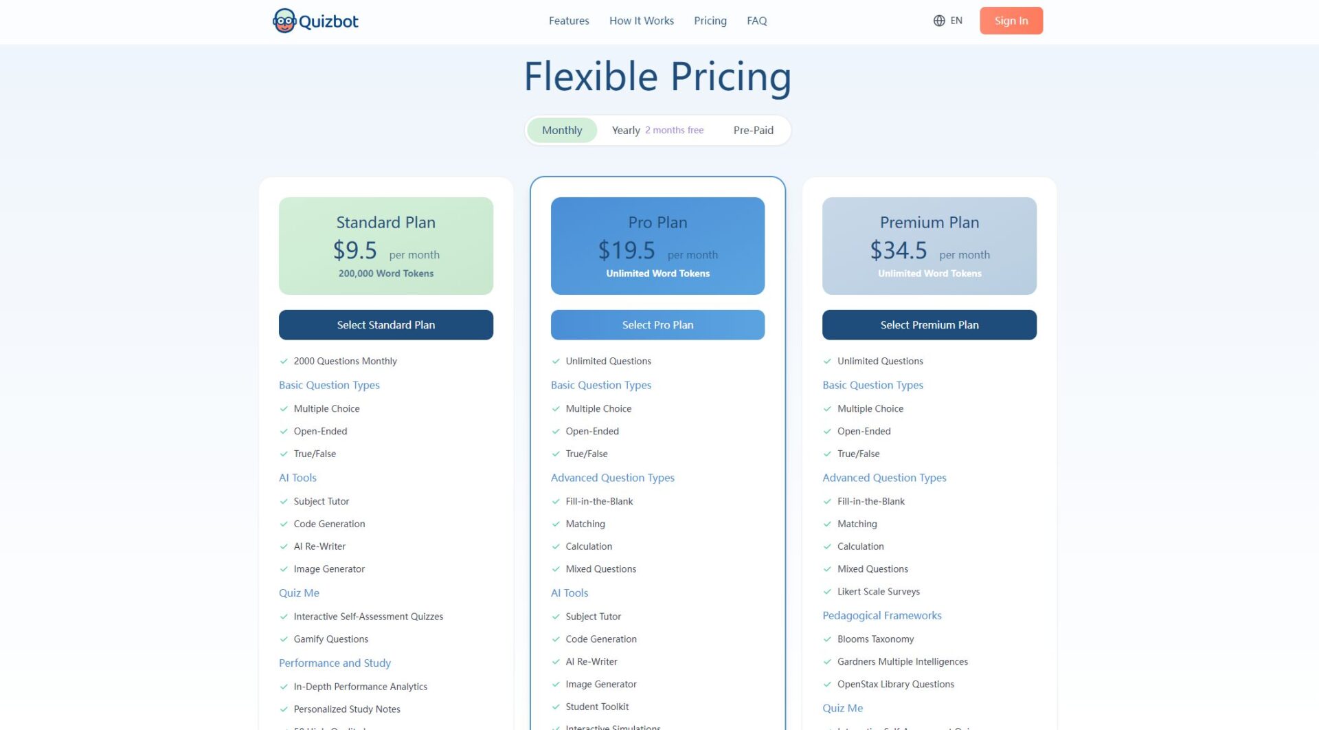 QuizBot.ai价格方案页面截图