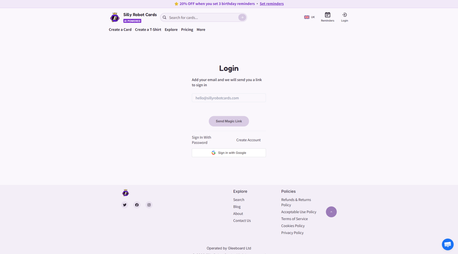 Silly Robot Cards注册登录页