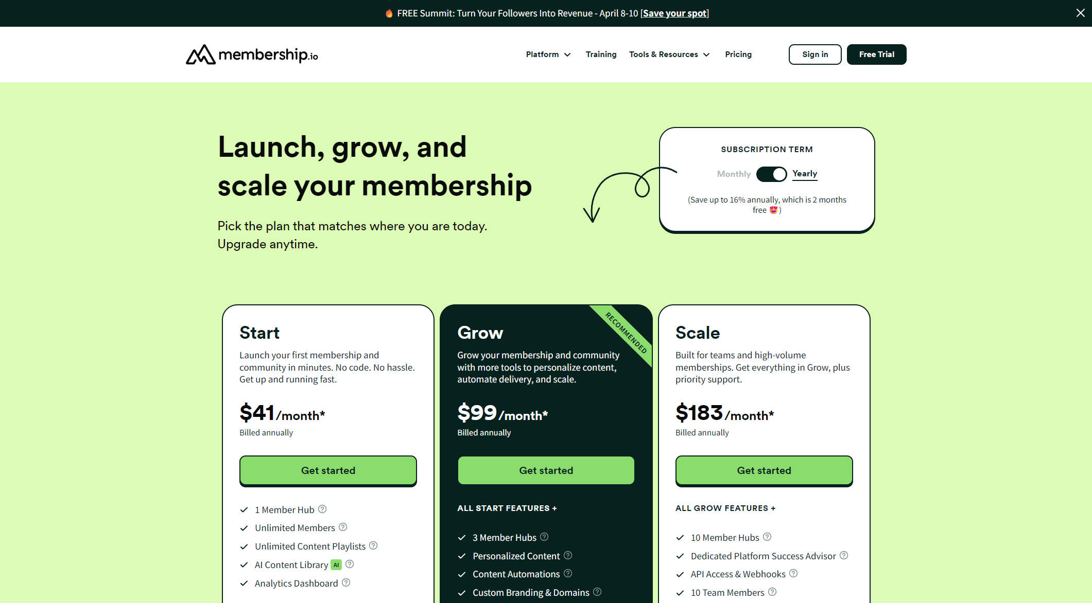 Membership.io价格方案页