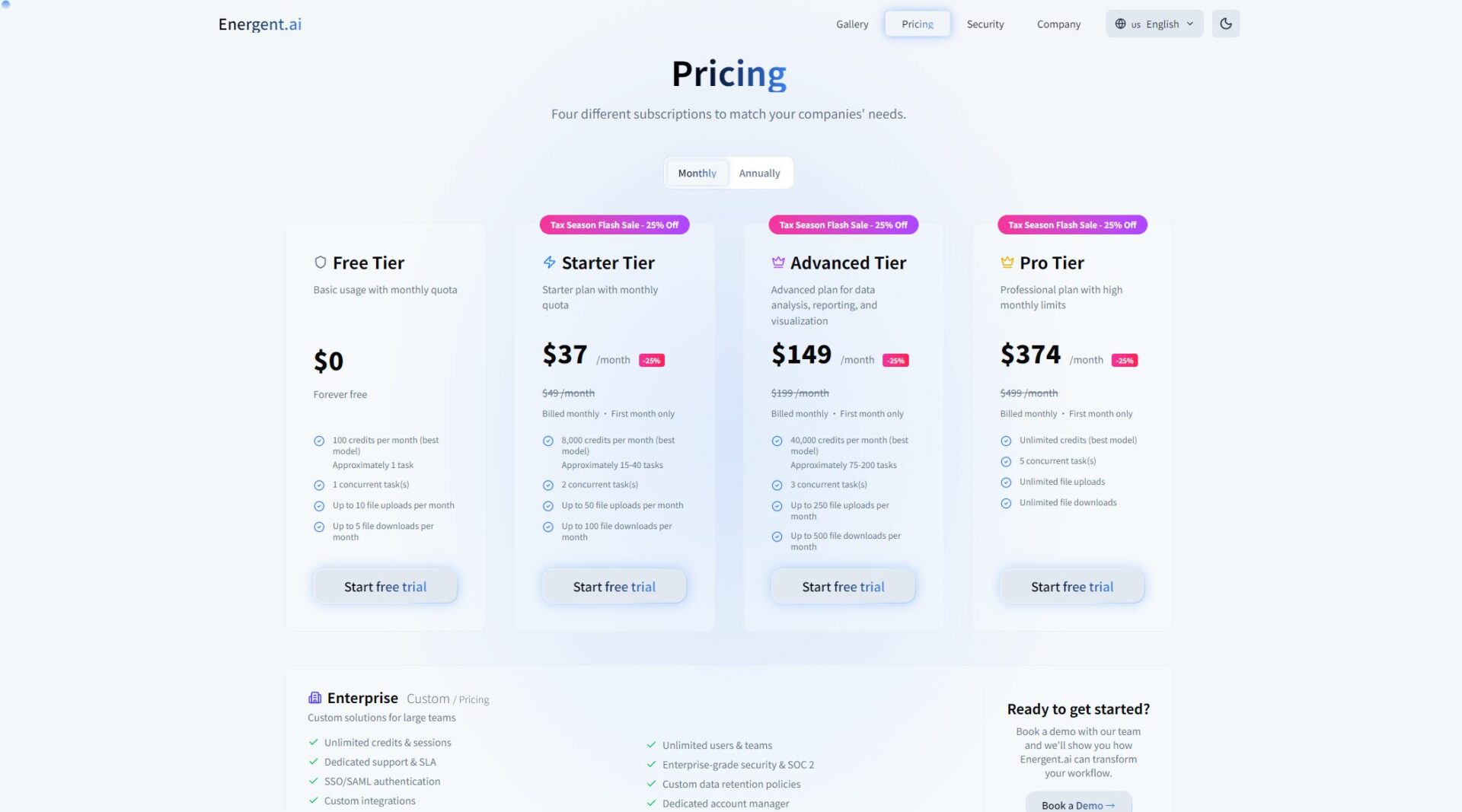 Energent.ai价格方案页