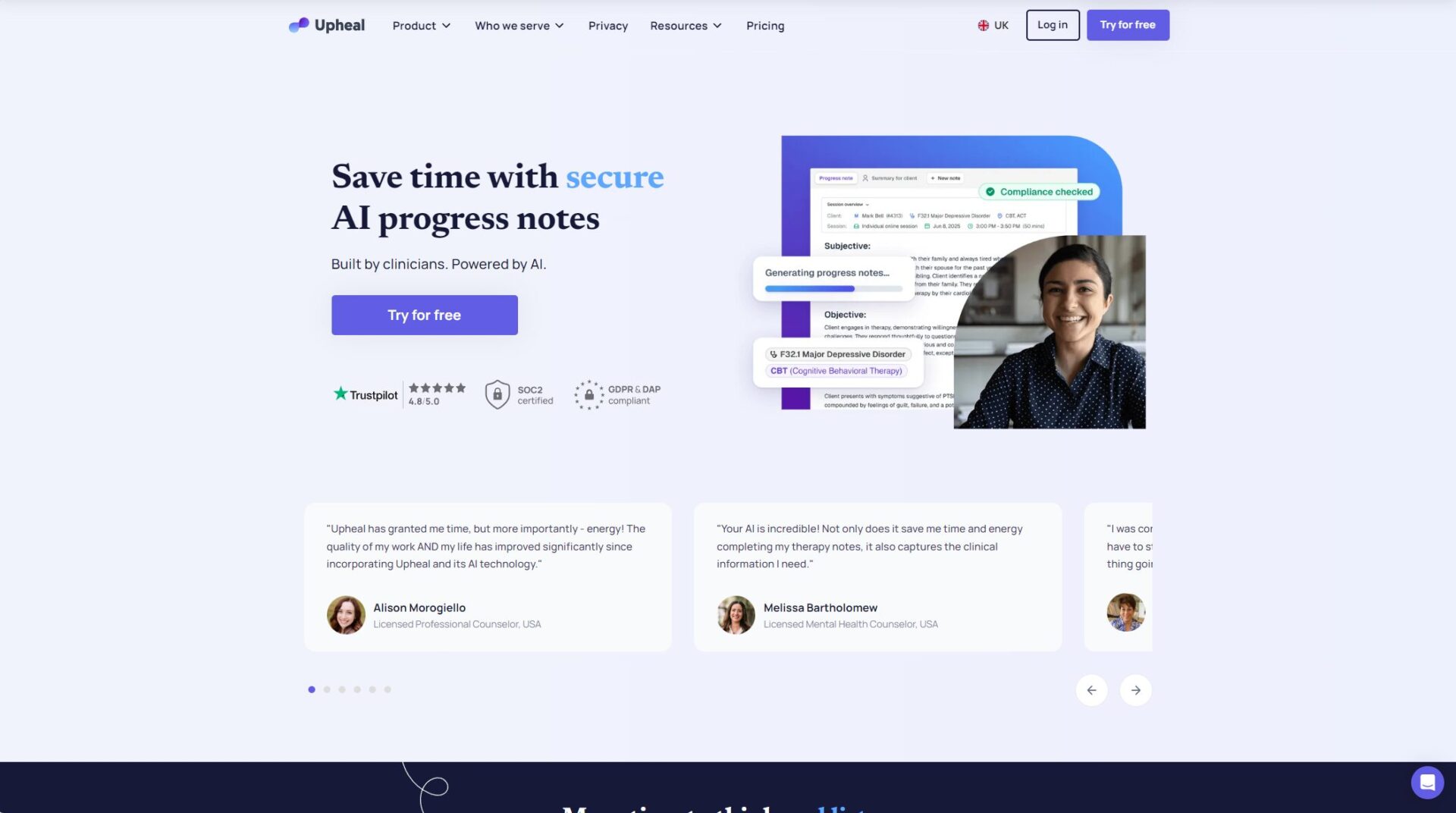 Upheal官网首页界面