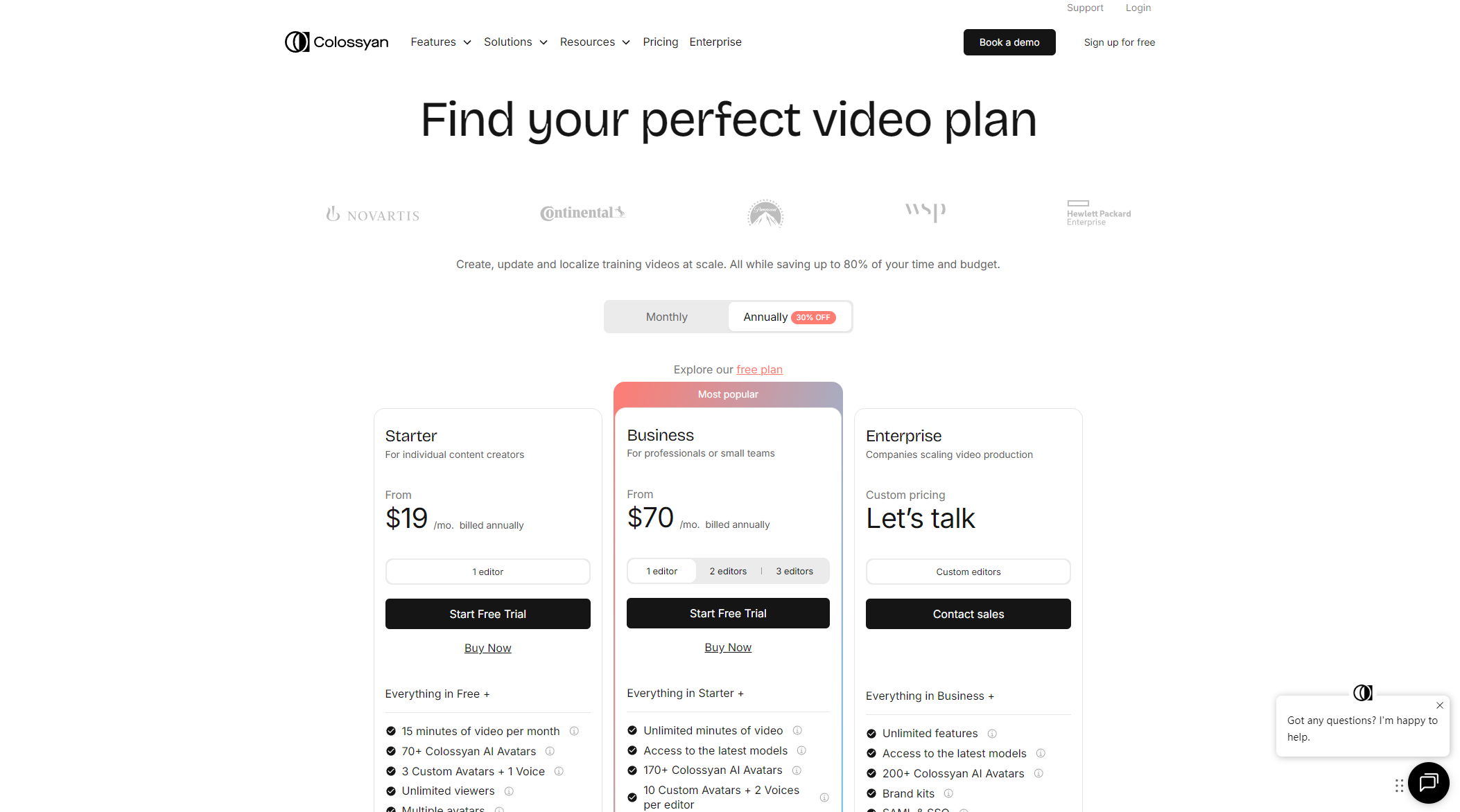 Colossyan Creator价格方案页