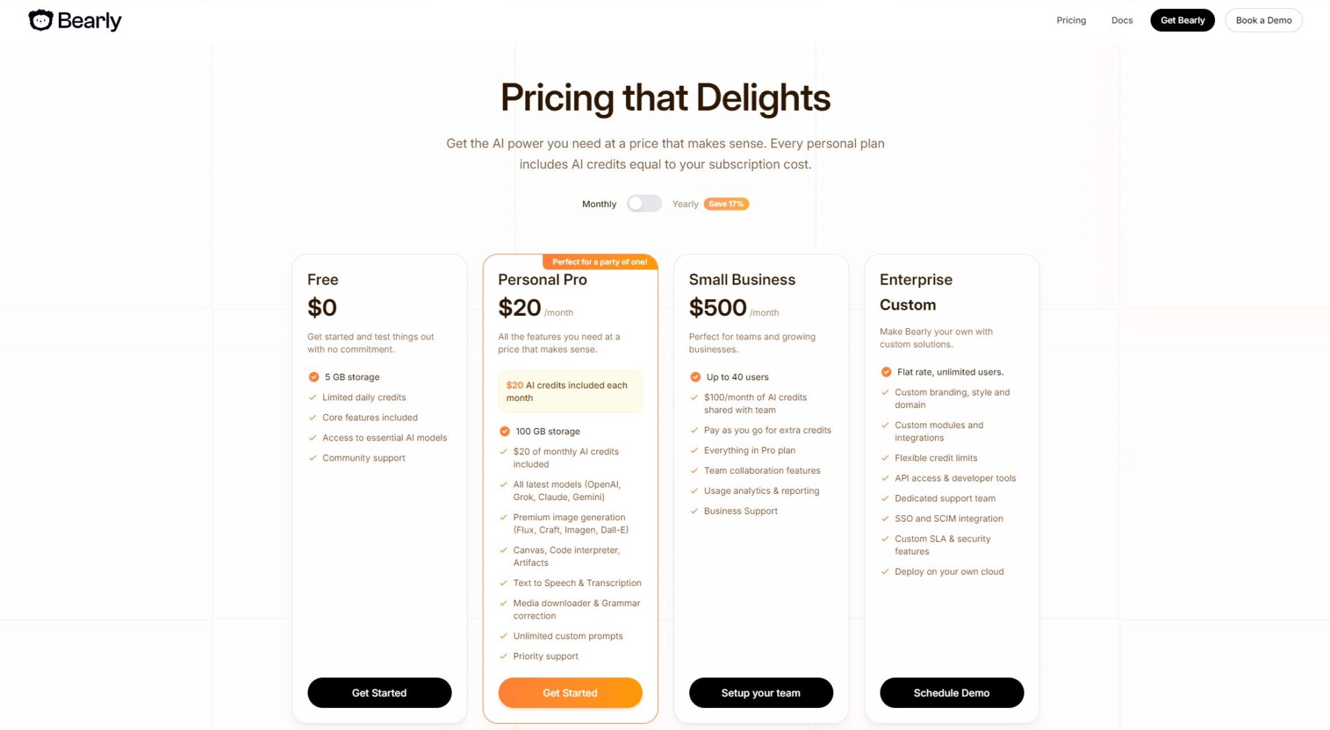 Bearly价格方案页