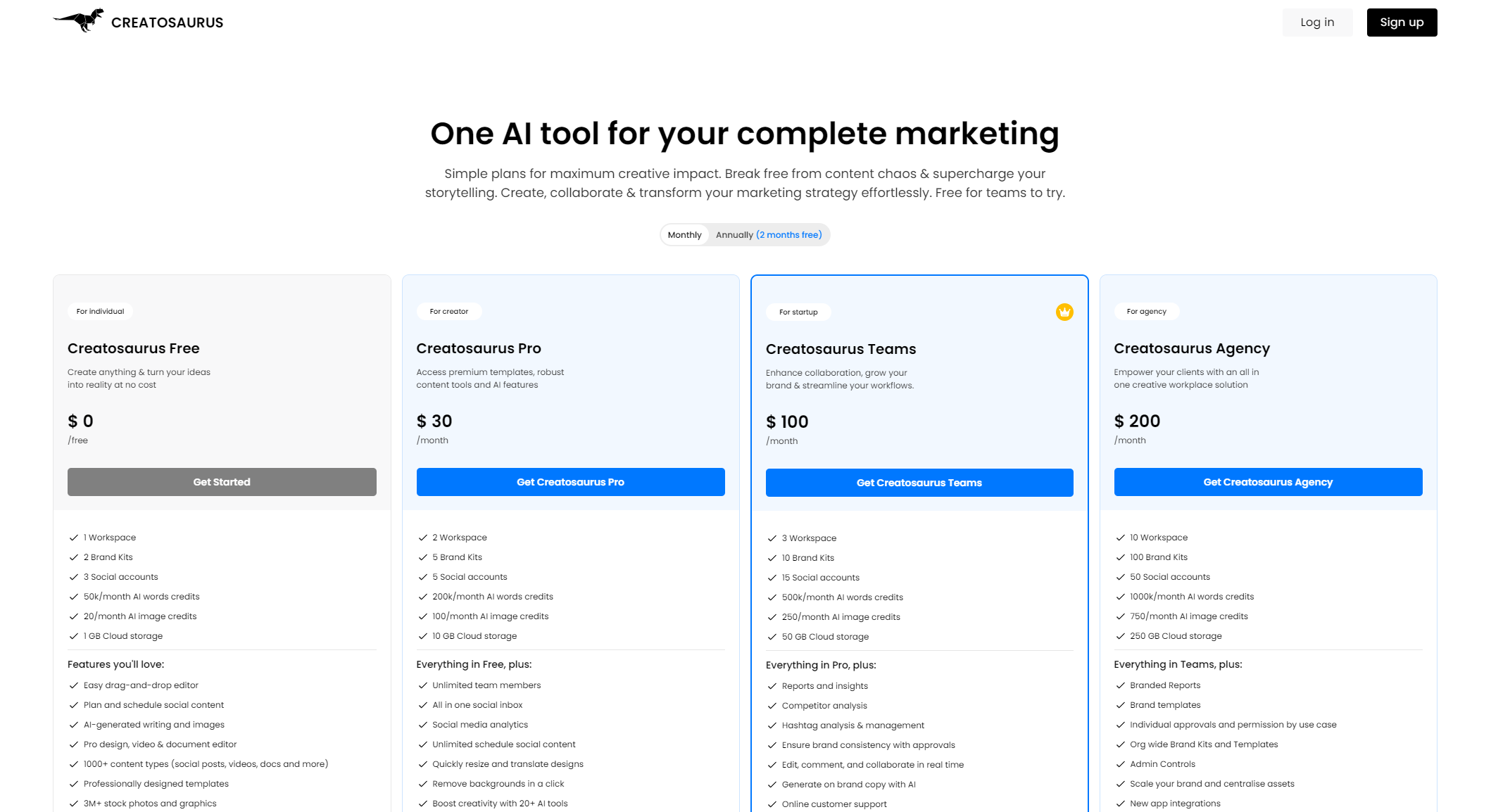 Creatosaurus价格方案页