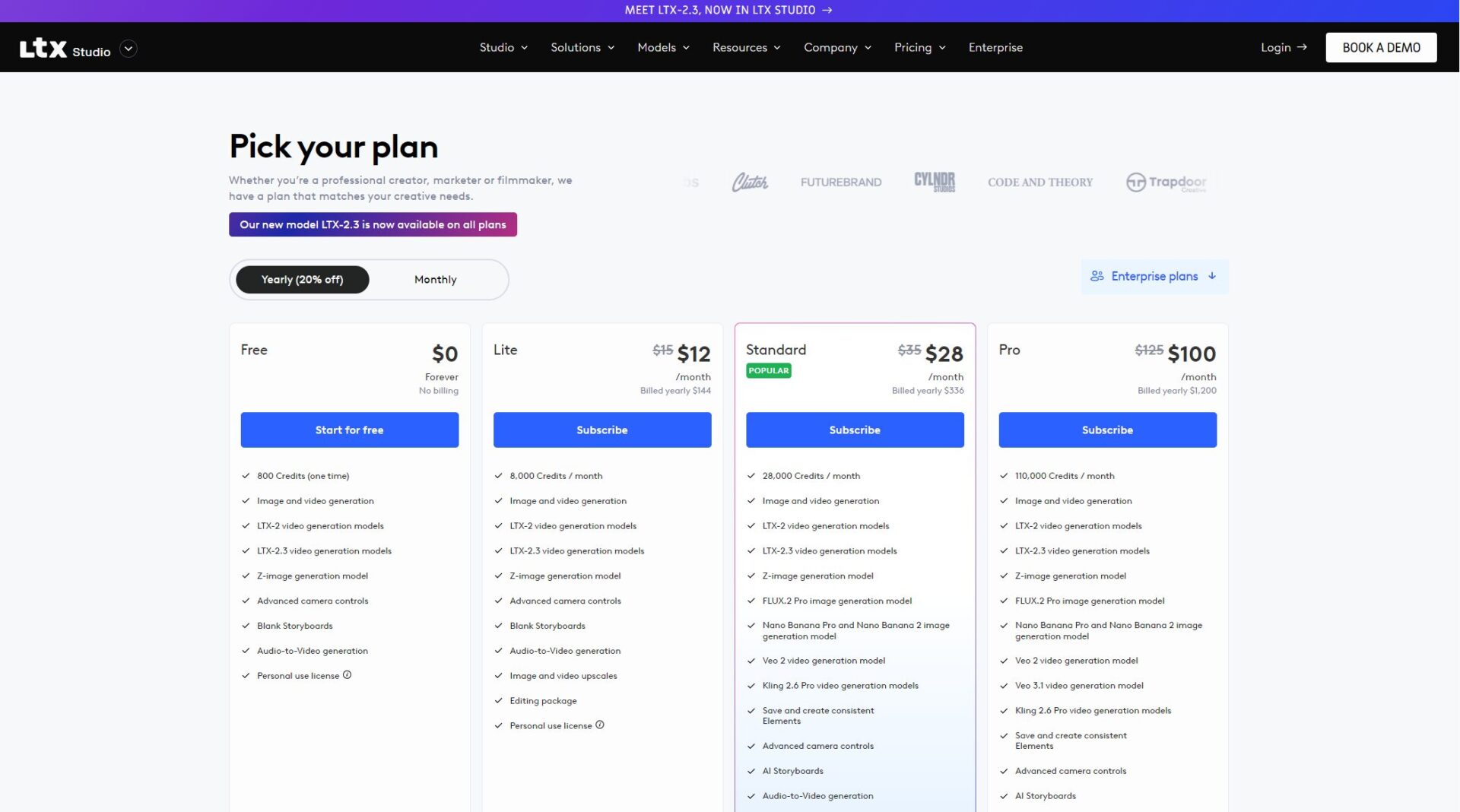 LTX Studio AI价格方案页