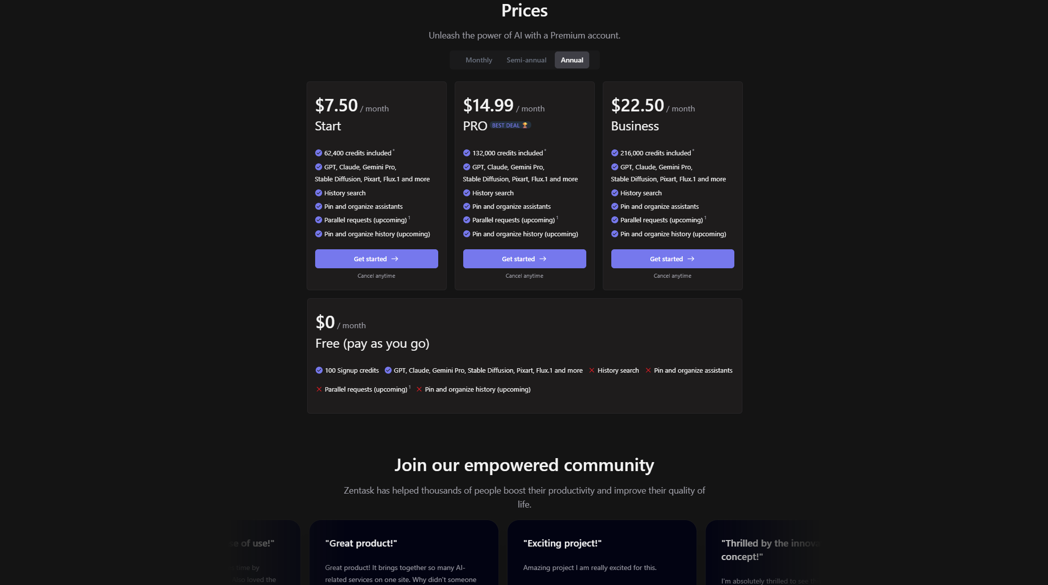 Zentask价格方案页