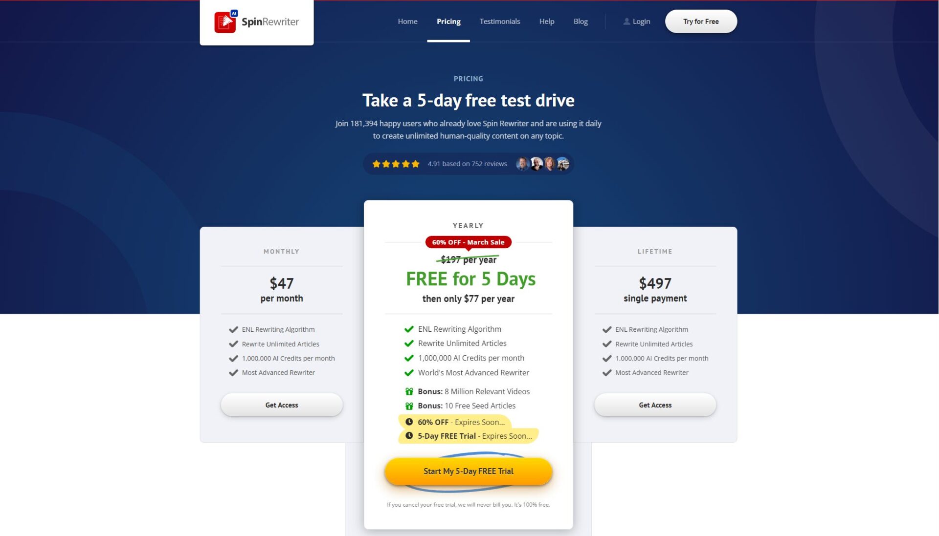 Spin Rewriter AI价格方案页